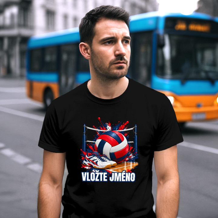 Volejbal (jméno) - míč, síť a boty - pánské tričko s potiskem - personalizovaný produkt
