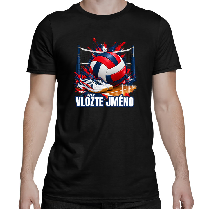Volejbal (jméno) - míč, síť a boty - pánské tričko s potiskem - personalizovaný produkt