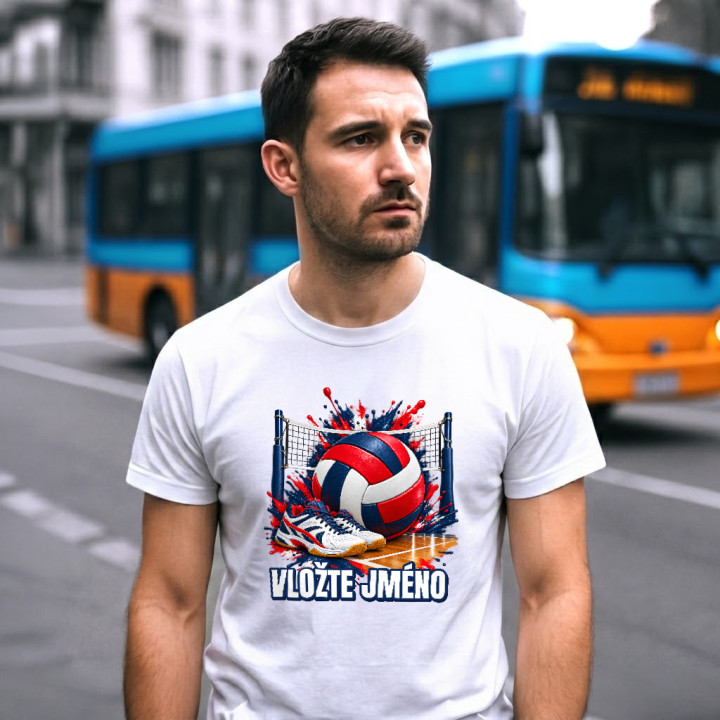 Volejbal (jméno) - míč, síť a boty - pánské tričko s potiskem - personalizovaný produkt