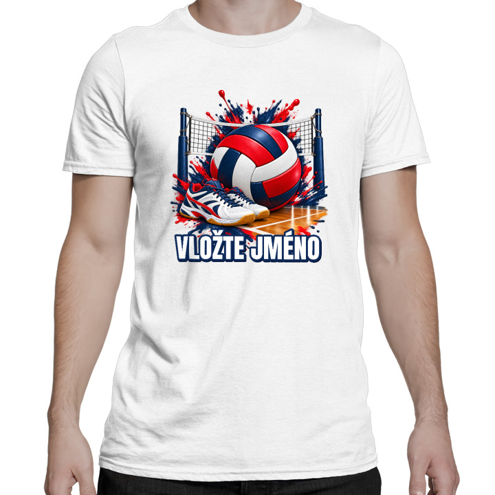 Volejbal (jméno) - míč, síť a boty - pánské tričko s potiskem - personalizovaný produkt