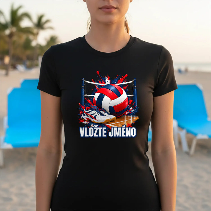 Volejbal (jméno) - míč, síť a boty - dámské tričko s potiskem - personalizovaný produkt