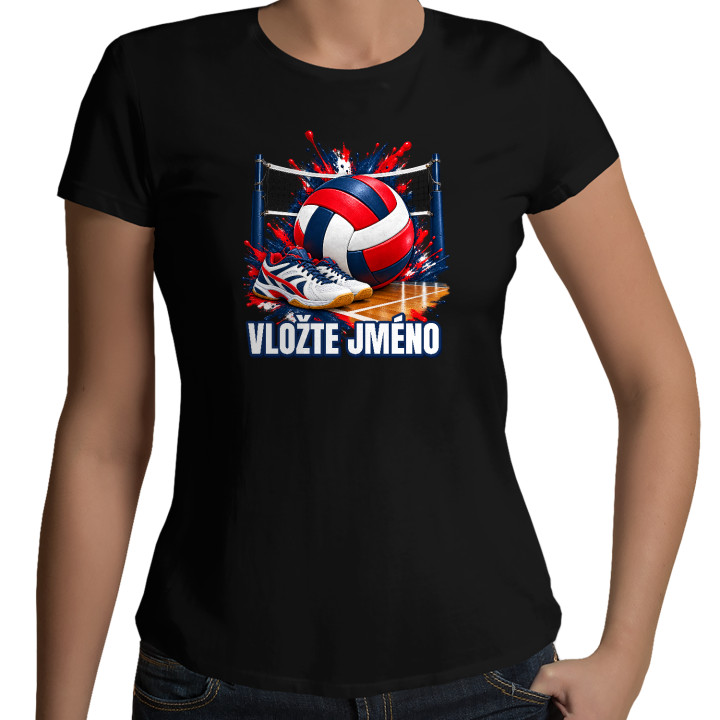 Volejbal (jméno) - míč, síť a boty - dámské tričko s potiskem - personalizovaný produkt