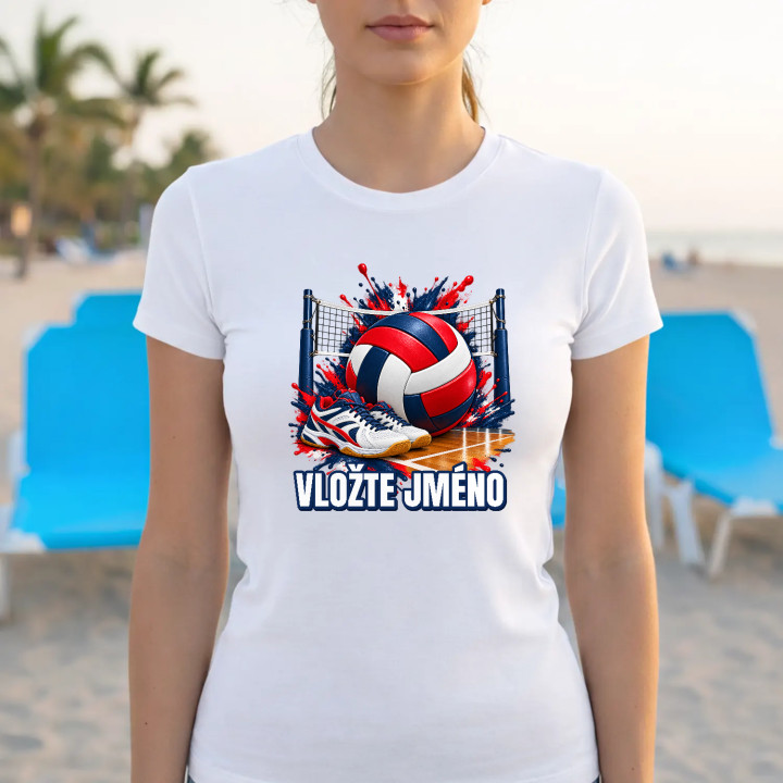 Volejbal (jméno) - míč, síť a boty - dámské tričko s potiskem - personalizovaný produkt