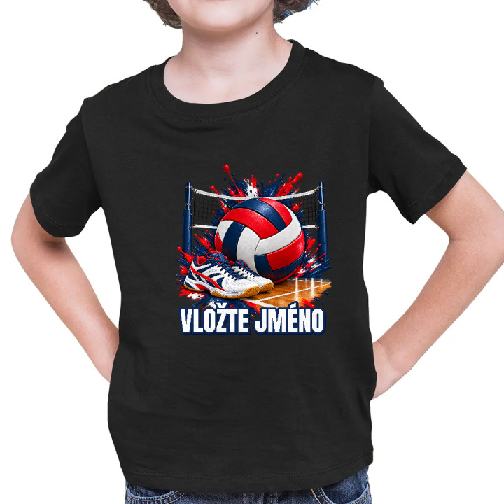 Volejbal (jméno) - míč, síť a boty - dětské tričko s potiskem - personalizovaný produkt