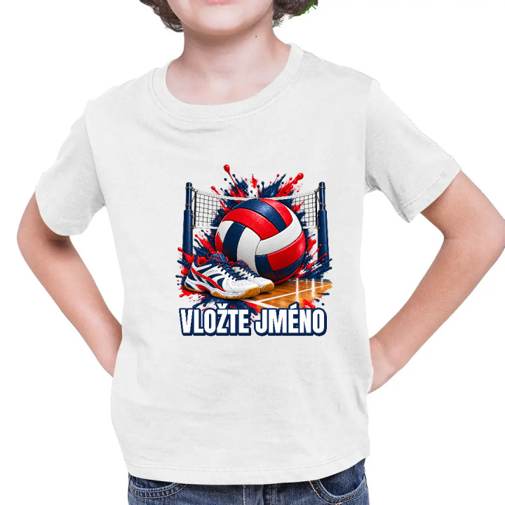 Volejbal (jméno) - míč, síť a boty - dětské tričko s potiskem - personalizovaný produkt