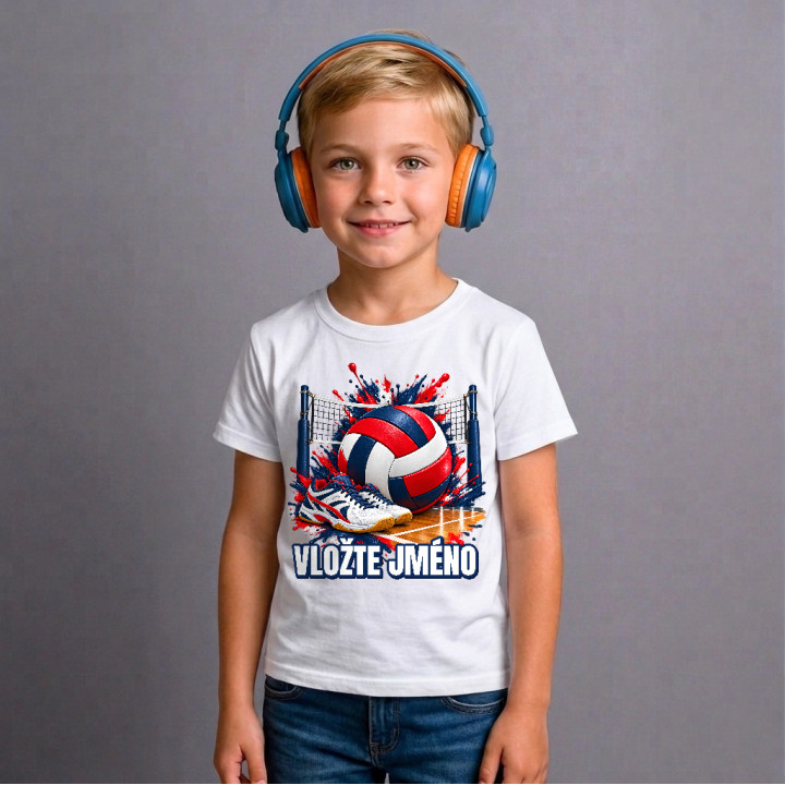 Volejbal (jméno) - míč, síť a boty - dětské tričko s potiskem - personalizovaný produkt