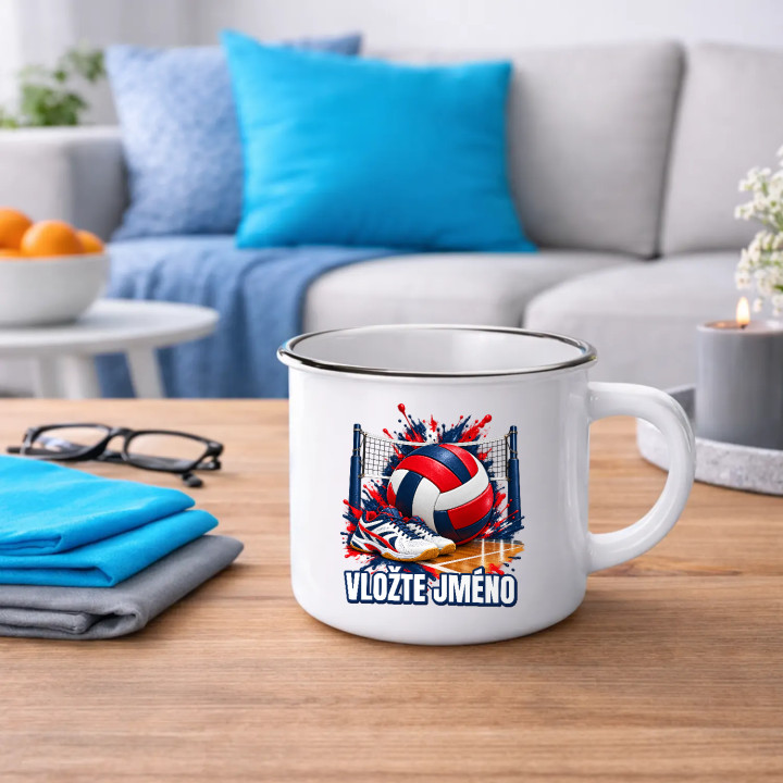 Volejbal (jméno) - míč, síť a boty - smaltovaný hrnek s potiskem - personalizovaný produkt