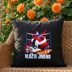 Volejbal (jméno) - míč, síť a boty - černý polštář s potiskem - personalizovaný produkt