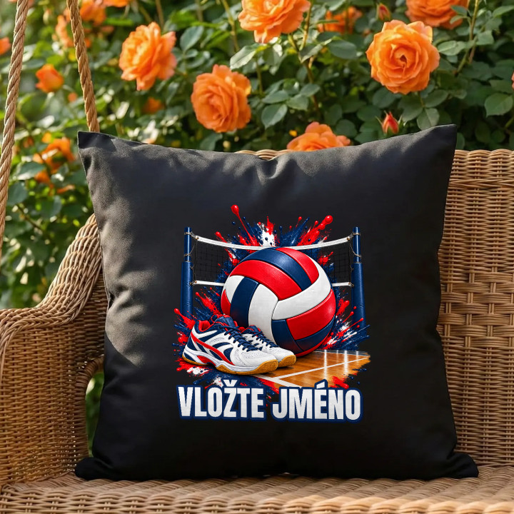 Volejbal (jméno) - míč, síť a boty - černý polštář s potiskem - personalizovaný produkt