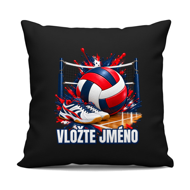 Volejbal (jméno) - míč, síť a boty - černý polštář s potiskem - personalizovaný produkt
