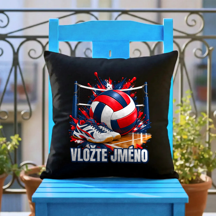Volejbal (jméno) - míč, síť a boty - černý polštář s potiskem - personalizovaný produkt