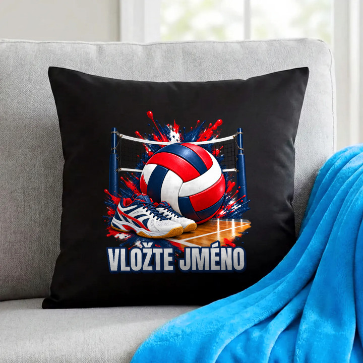 Volejbal (jméno) - míč, síť a boty - černý polštář s potiskem - personalizovaný produkt