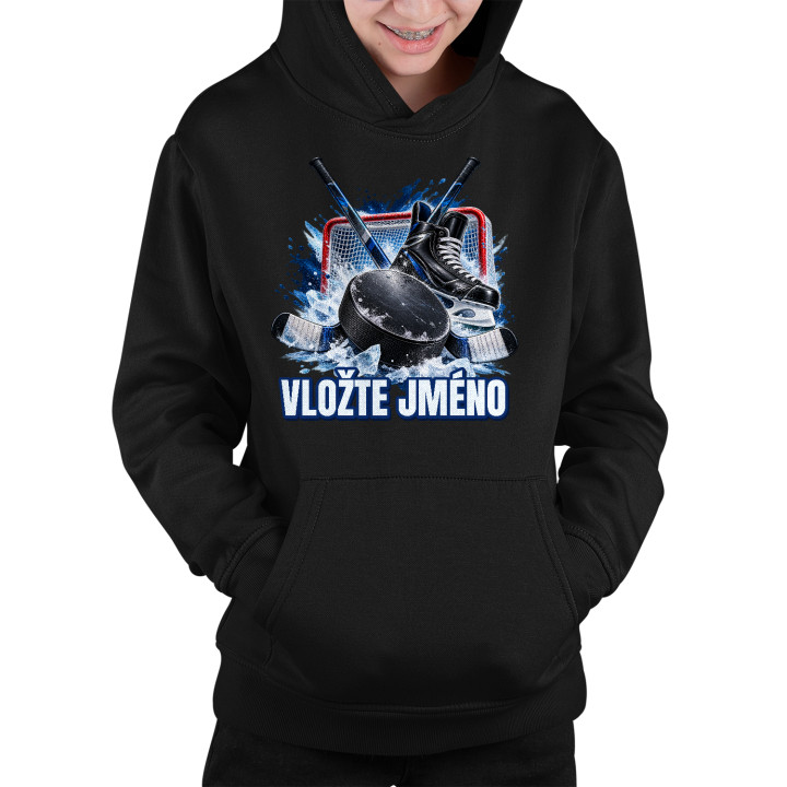 Hokej (jméno) - puk, hokejky a brusle - dětská mikina s potiskem - personalizovaný produkt
