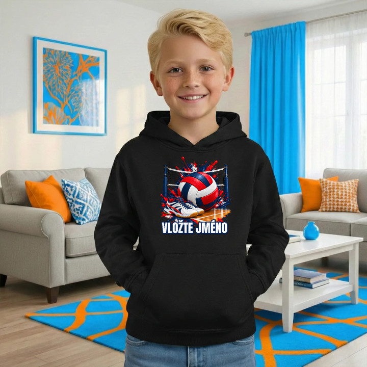 Volejbal (jméno) - míč, síť a boty - dětská mikina s potiskem - personalizovaný produkt