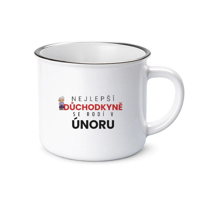 Nejlepší důchodkyně se rodí v únoru - smaltovaný hrnek s potiskem
