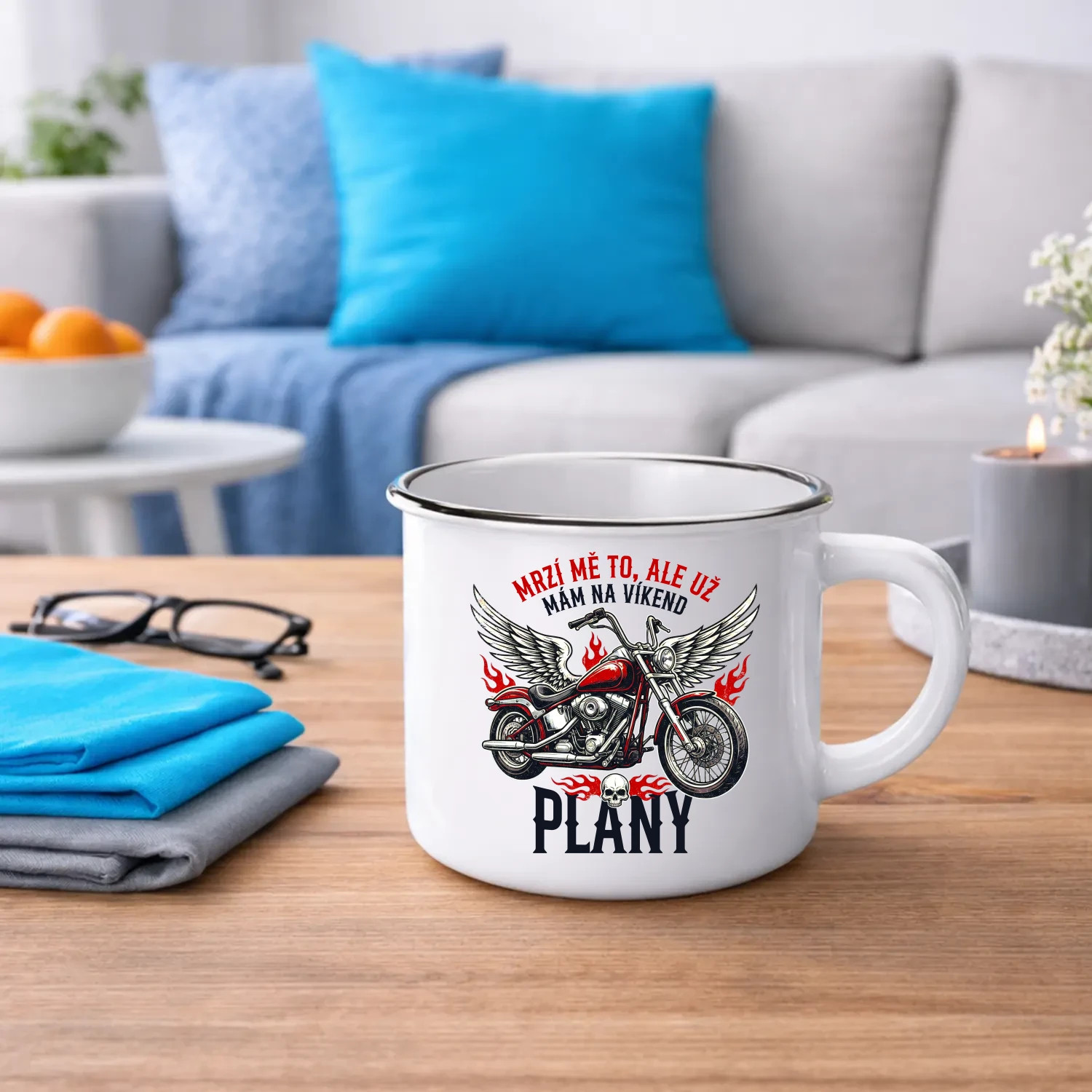 Mrzí mě to, ale už mám na víkend plány - motorka - keramický smaltovaný hrneček s potiskem