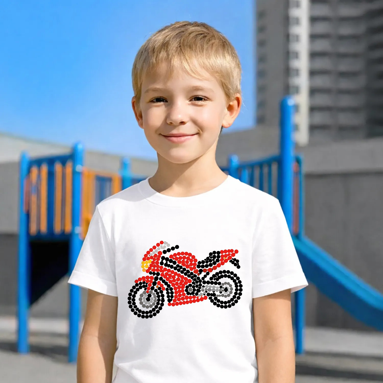 Motorka z teček - den tečky - dětské tričko s potiskem