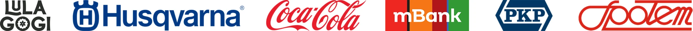 Loga zákazníků: Lula Gogi, Husqvarna, Coca-Cola, mBank, PKP, Społem